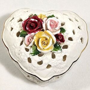 Porcelain Rose Heart Trinket Box( 6" x 5 1/2" X 4") White With Gold Trim #1313